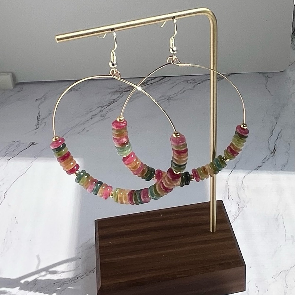 Handmade Watermelon Tourmaline Gemstone Beaded Hoop Earrings Boho - Picture 2 of 6